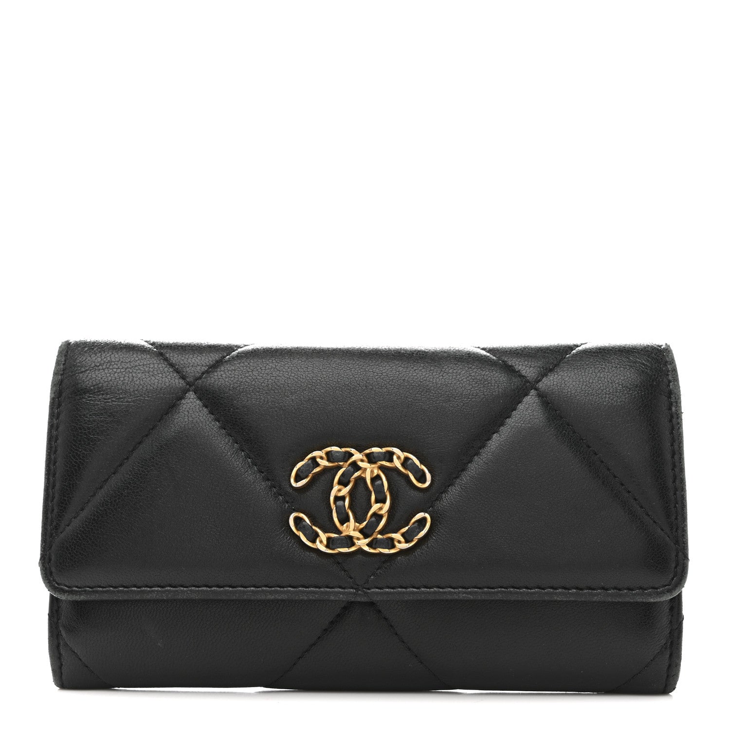 Chanel Shiny Goatskin Quilted Chanel 19 Flap Wallet Black