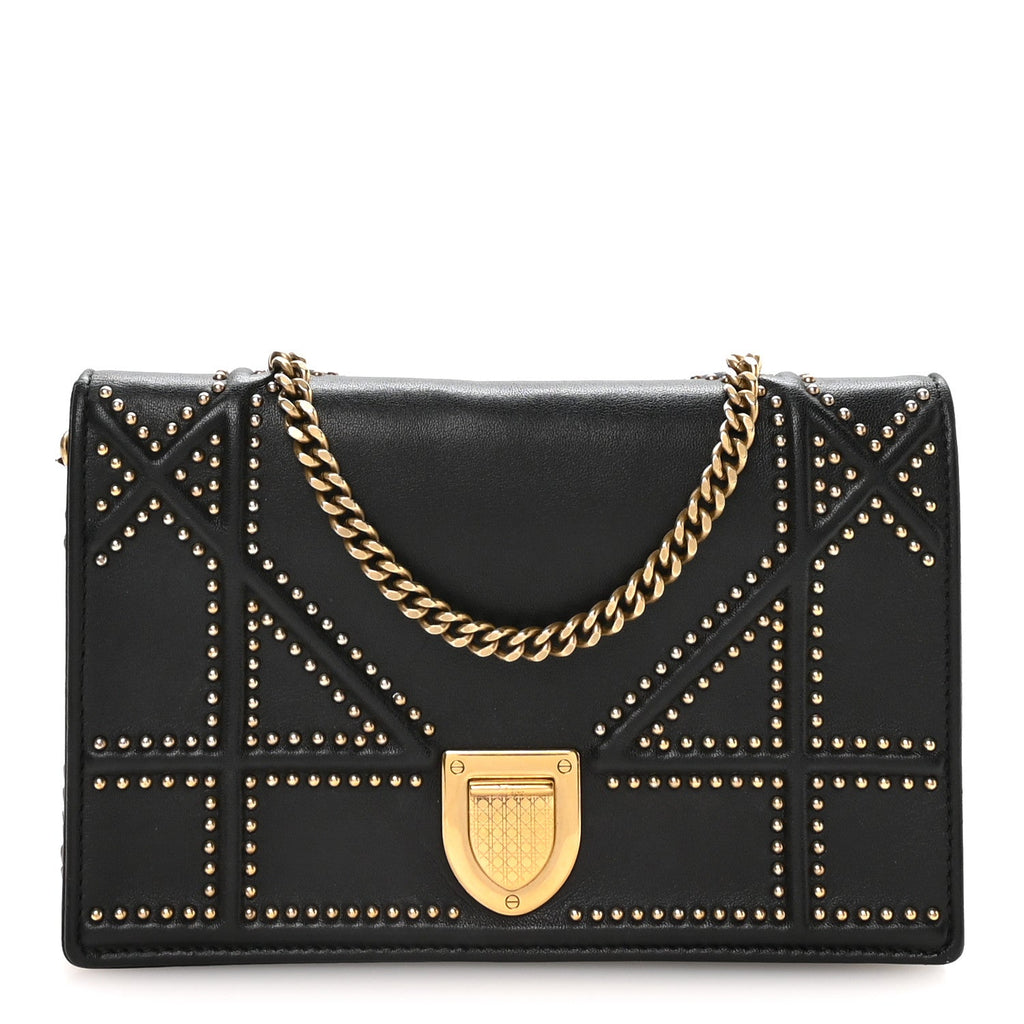 Christian Dior Calfskin Studded Diorama Wallet on Chain Pouch Black
