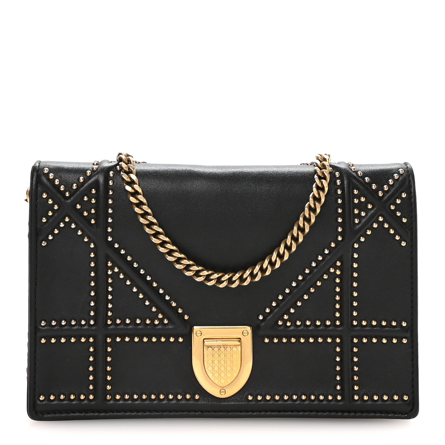Christian Dior Calfskin Studded Diorama Wallet on Chain Pouch Black