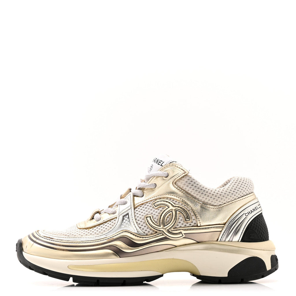 Fabric Laminated Calfskin Stretch CC Sneakers 36.5 White Gold Silver