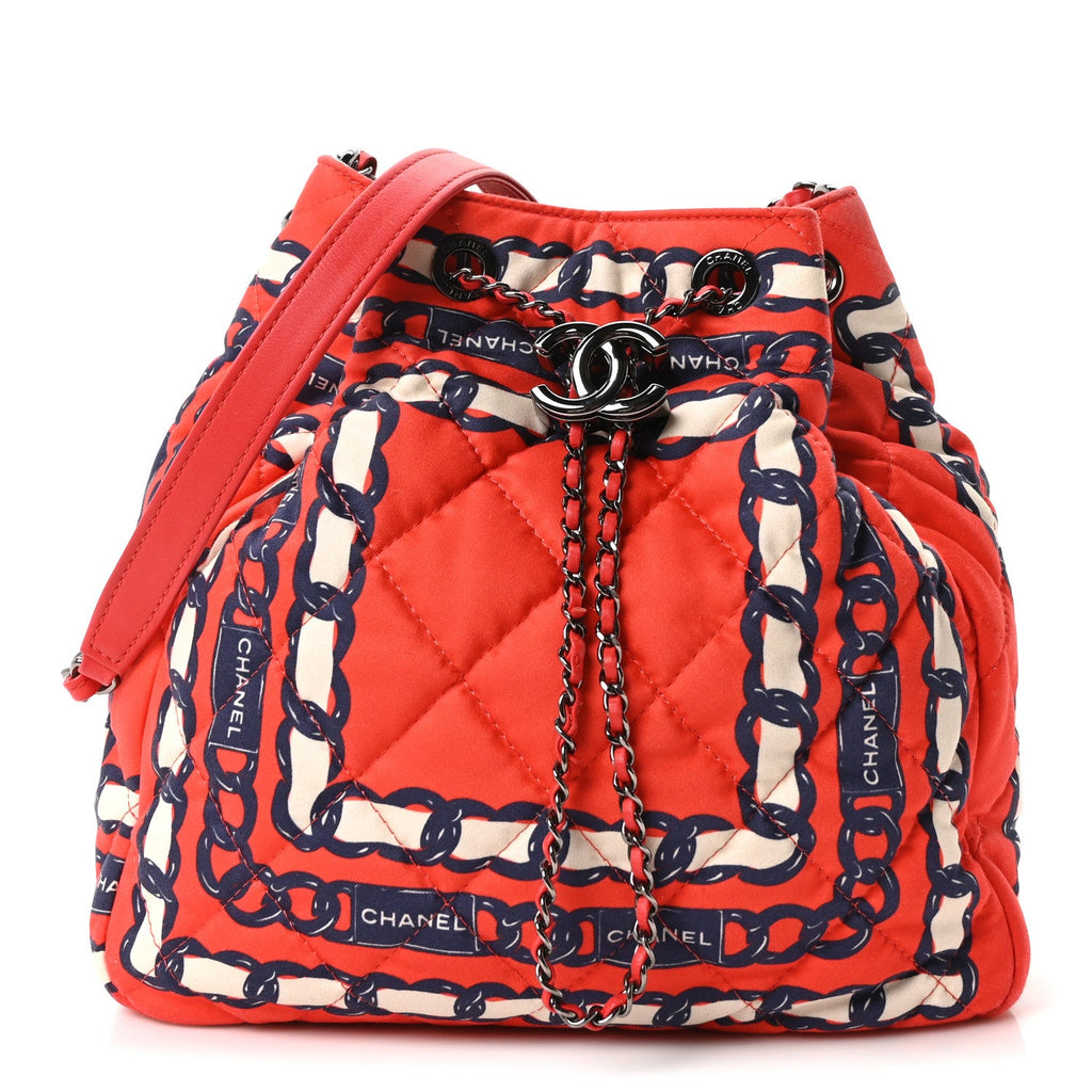 Chanel Silk Quilted Chain Printed Bucket Bag Red