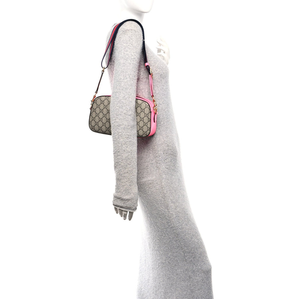 Gucci GG Supreme Monogram Textured Dollar Calfskin Web Ophidia Small Crossbody Bag Beige Ebony Fuchsia