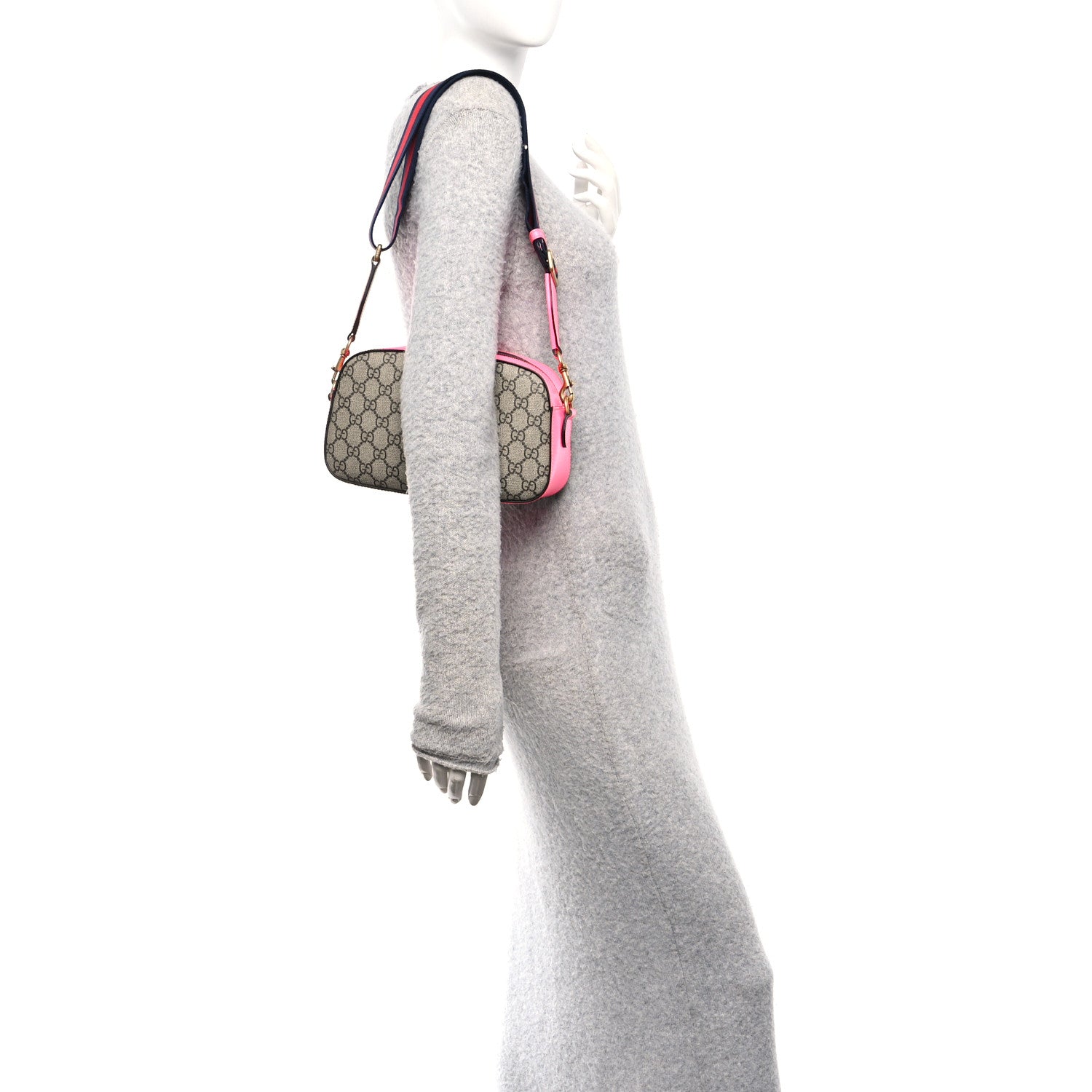 Gucci GG Supreme Monogram Textured Dollar Calfskin Web Ophidia Small Crossbody Bag Beige Ebony Fuchsia