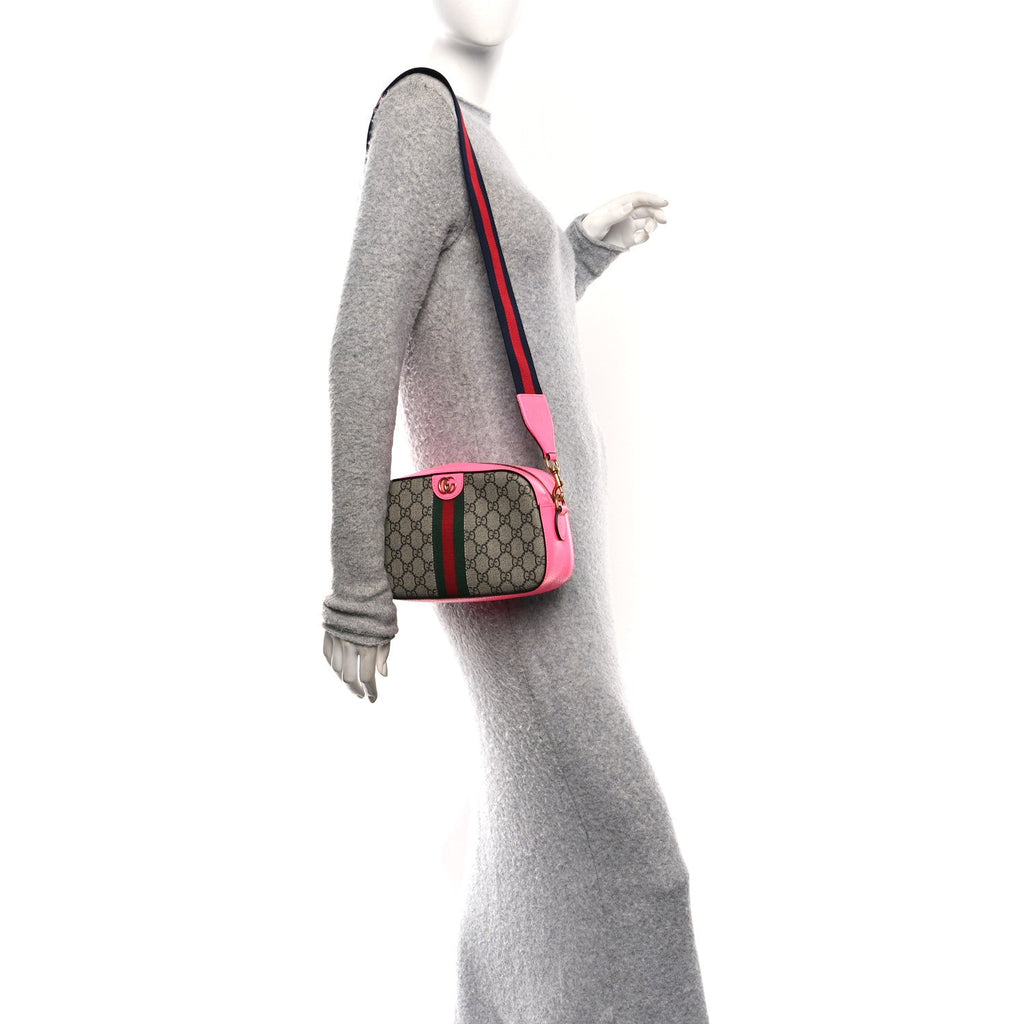 Gucci GG Supreme Monogram Textured Dollar Calfskin Web Ophidia Small Crossbody Bag Beige Ebony Fuchsia