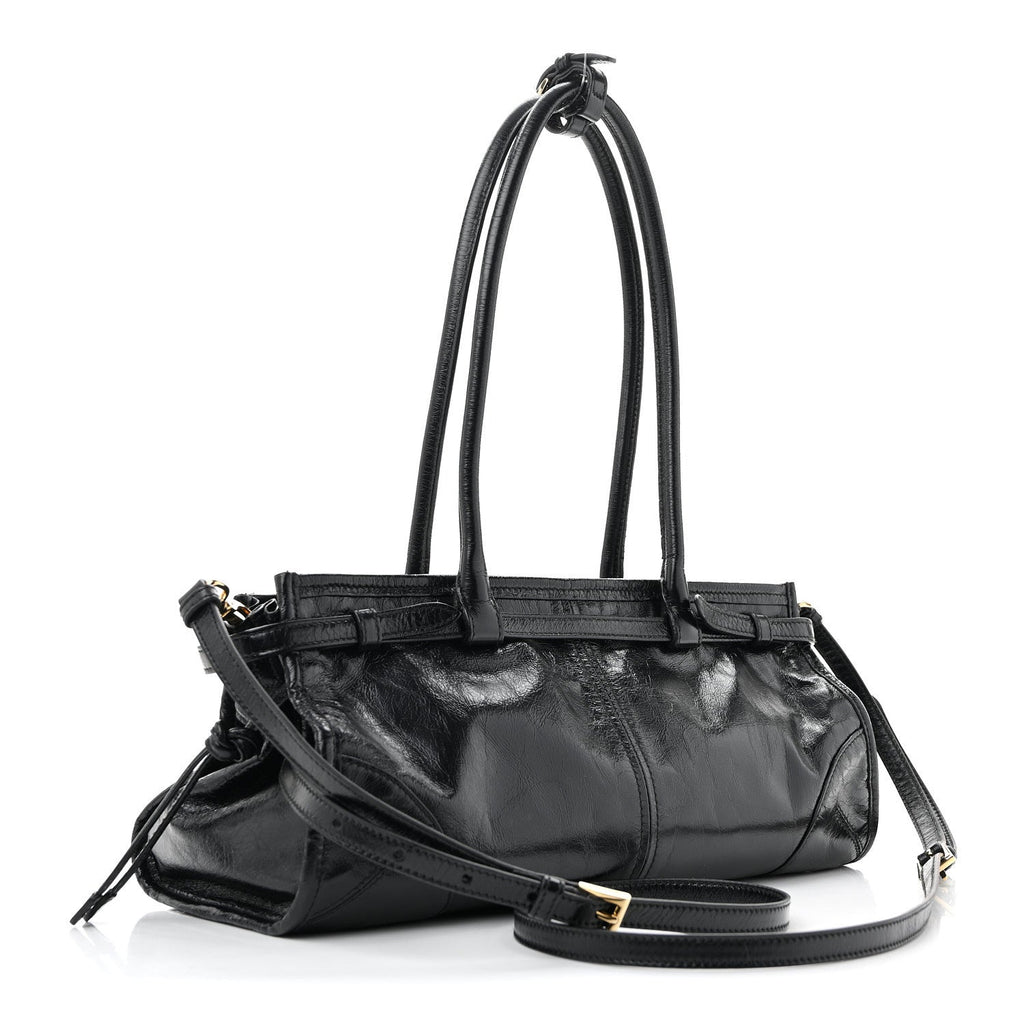 Prada Glossy Calfskin Triangle Medium Bonnie Shoulder Bag Black