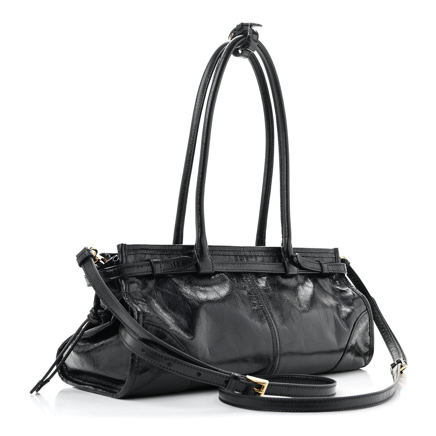 Prada Glossy Calfskin Triangle Medium Bonnie Shoulder Bag Black