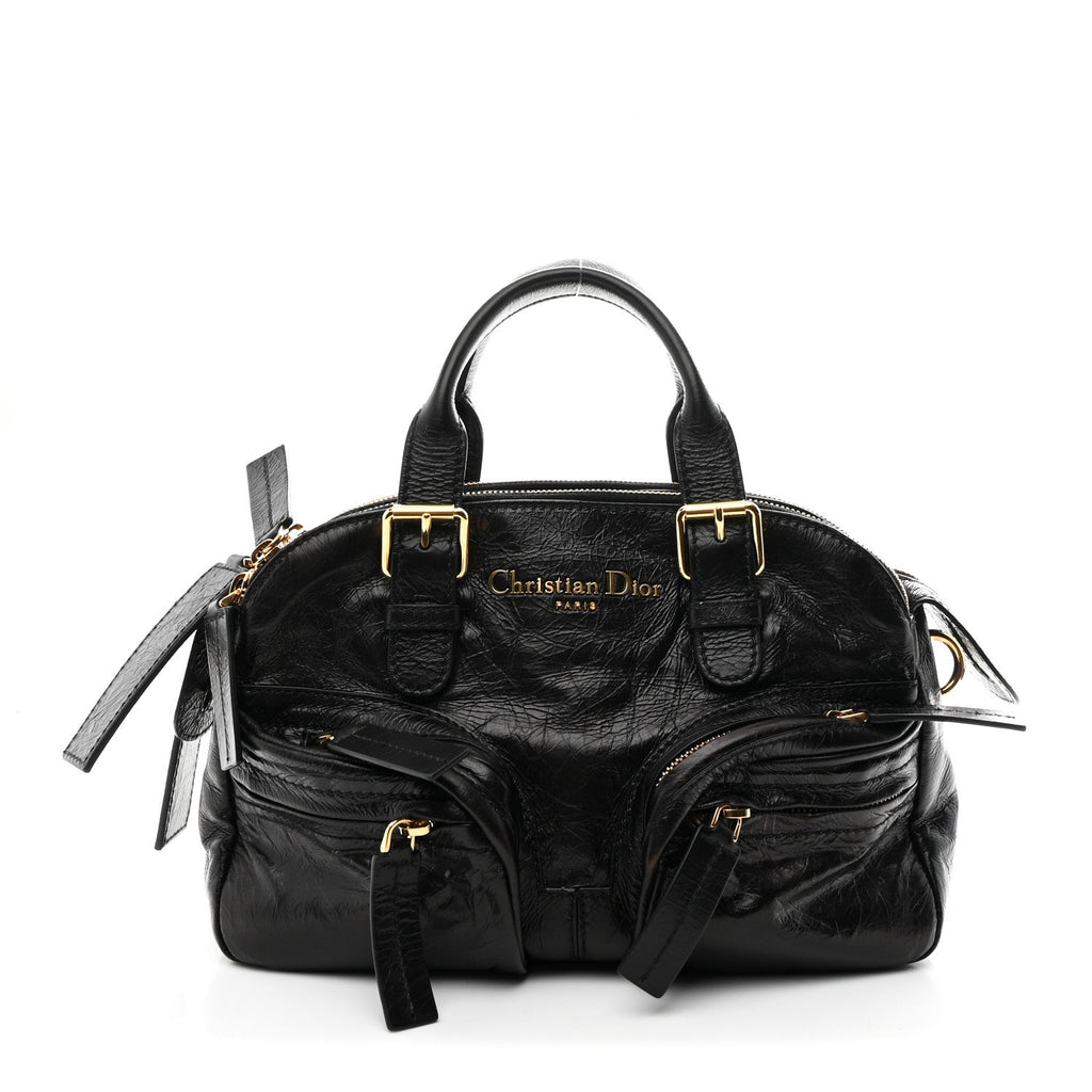 Christian Dior Crinkled Calfskin Small Grand Tour Bowling Bag Black