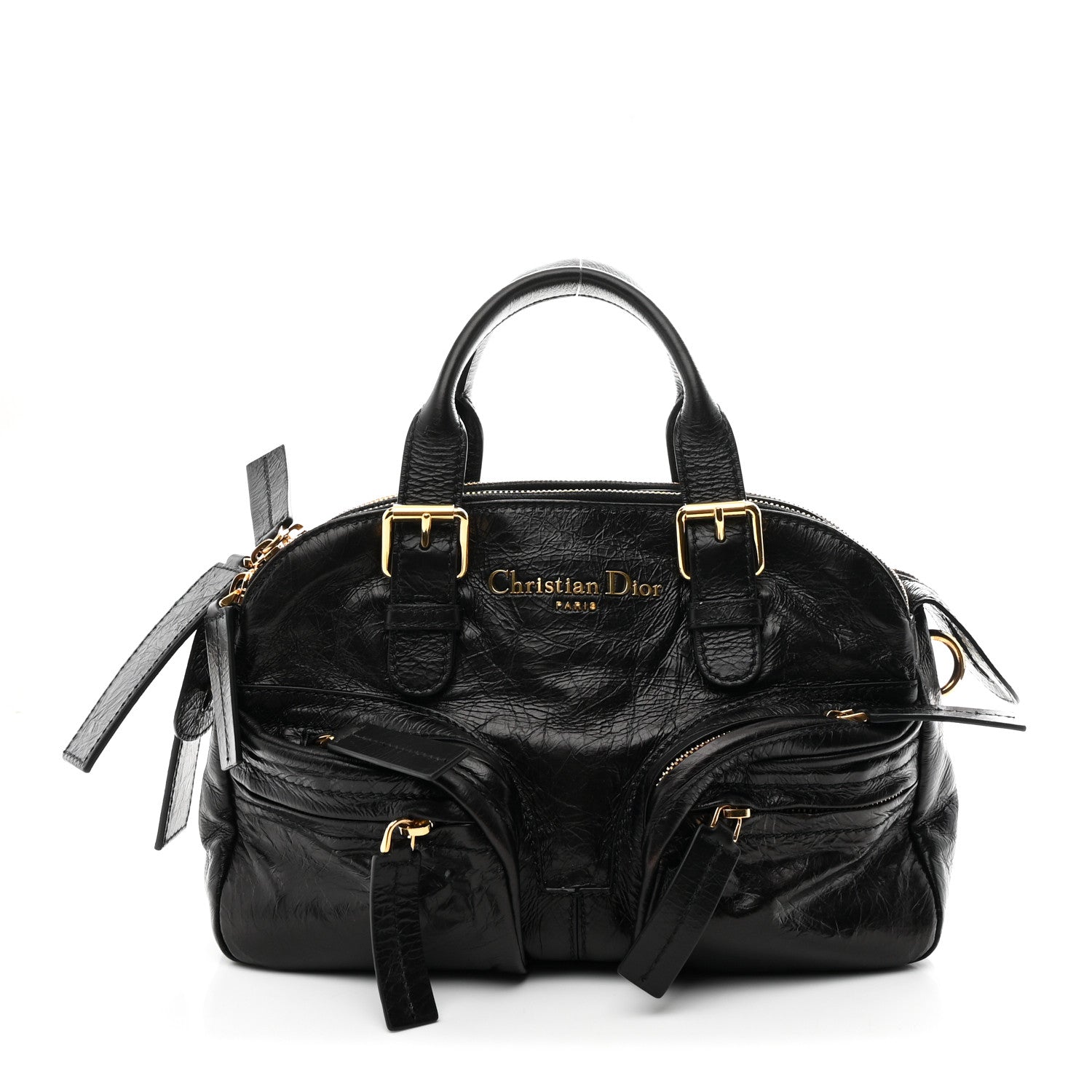 Christian Dior Crinkled Calfskin Small Grand Tour Bowling Bag Black