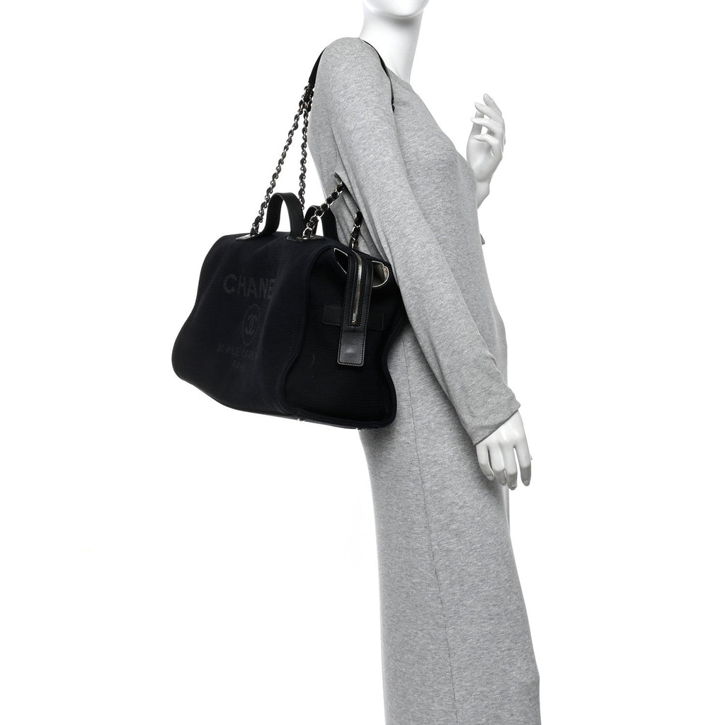 Chanel Mixed Fibers Large Deauville Bowling Bag  Black