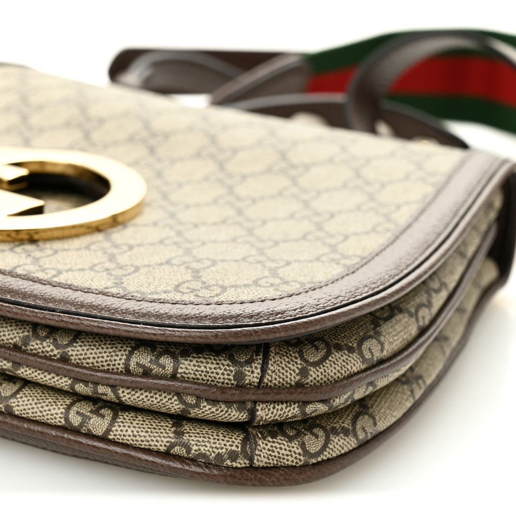 Gucci GG Supreme Monogram Textured Dollar Calfskin Web Medium Blondie Top Handle Shoulder Flap Bag Beige Ebony New Acero