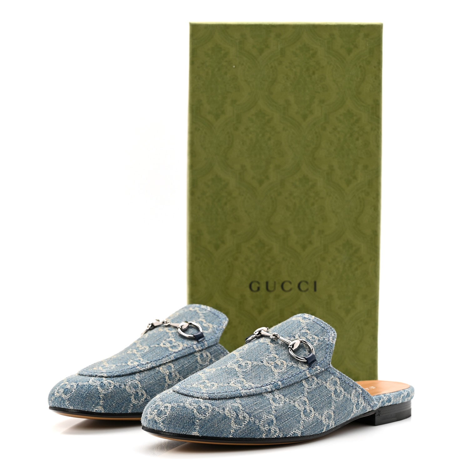 Gucci New Denim GG Malaga Kid Womens Princetown Slippers 37.5 Light Blue Royale
