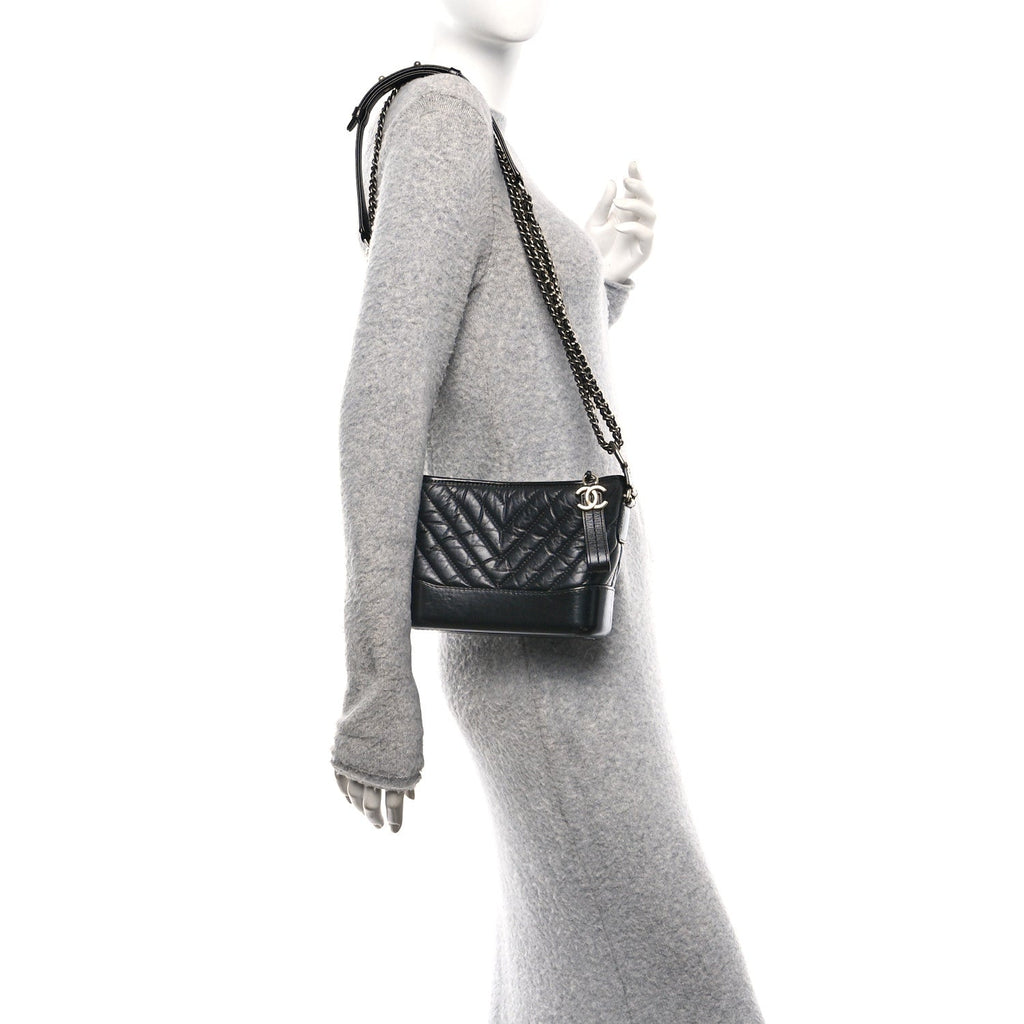 Chanel Aged Calfskin Chevron Quilted Small Gabrielle Hobo Black
