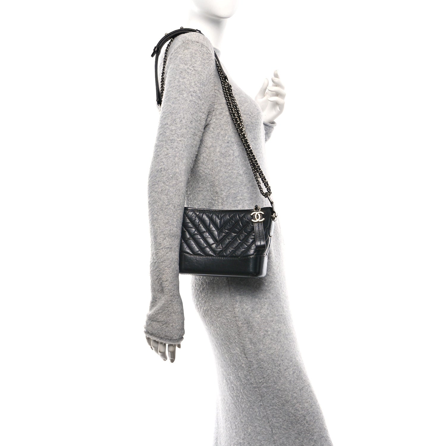 Chanel Aged Calfskin Chevron Quilted Small Gabrielle Hobo Black