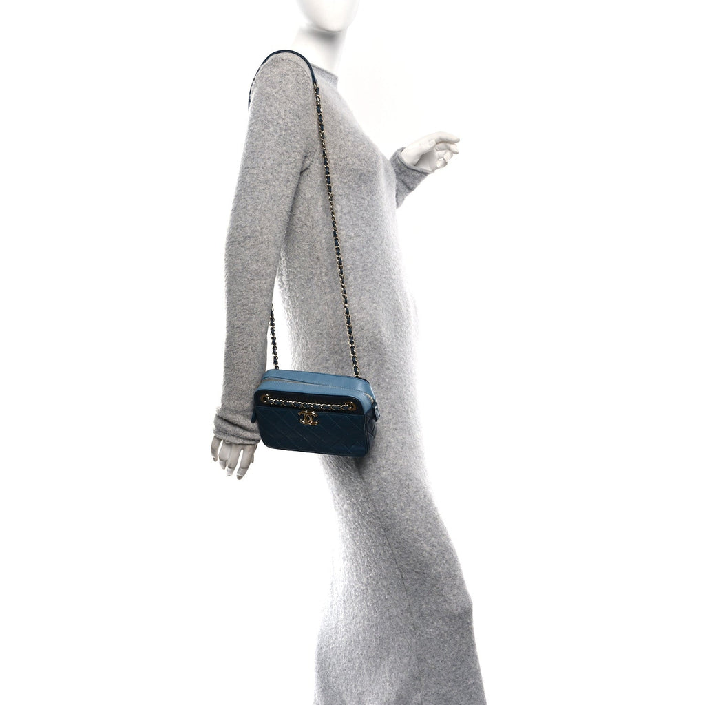 Chanel Lambskin Quilted Small In & Out Camera Case Navy Light Blue