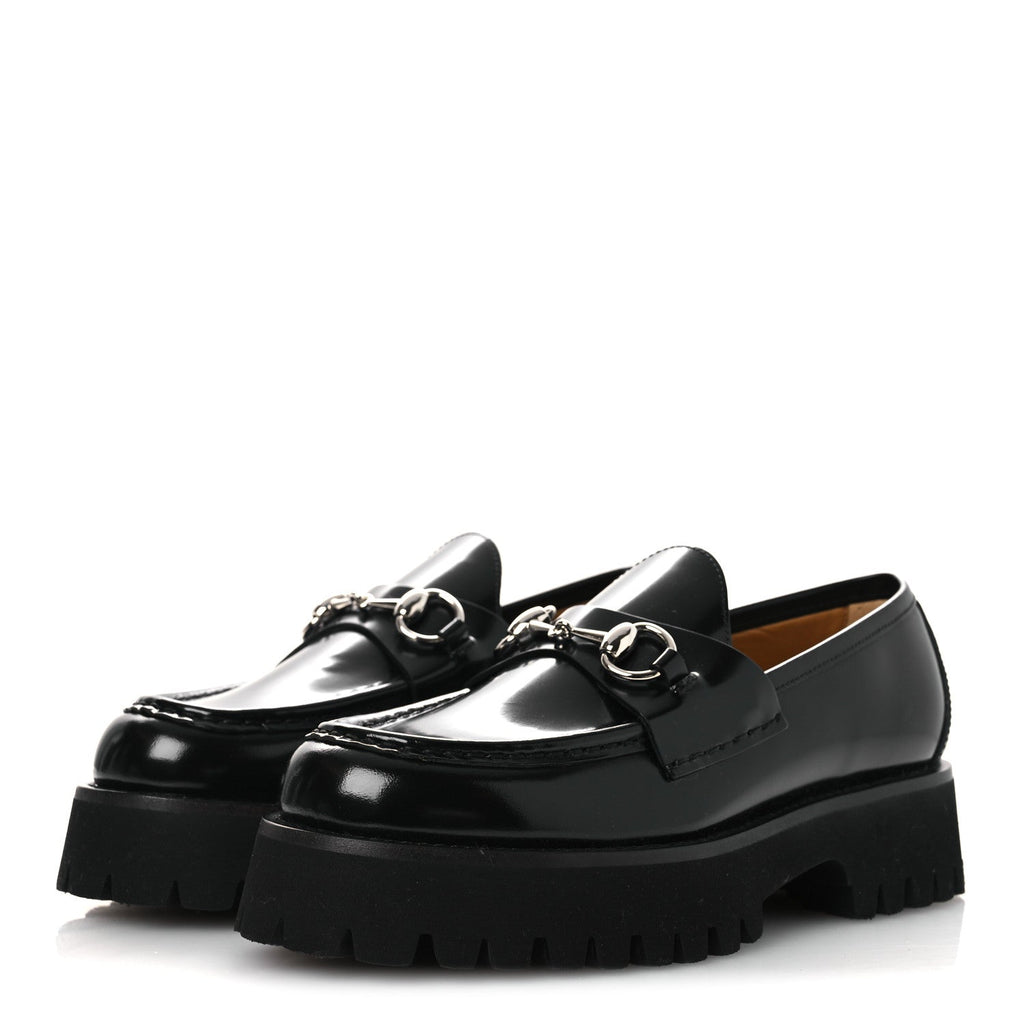 Gucci Cordovan Lux Womens Horsebit 45mm Platform Loafers 37.5 Black