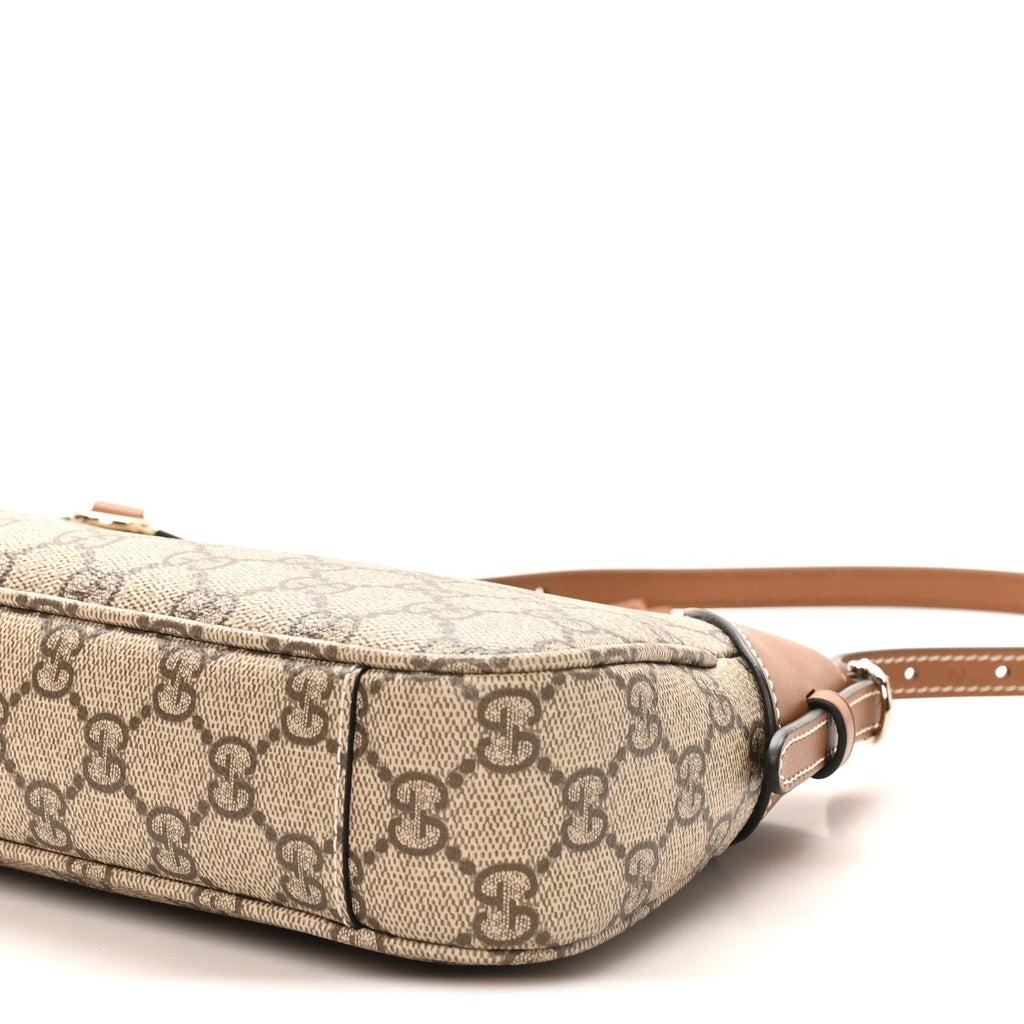 Gucci GG Supreme Monogram Textured Calfskin Small Emblem Shoulder Bag Beige Dark Brown