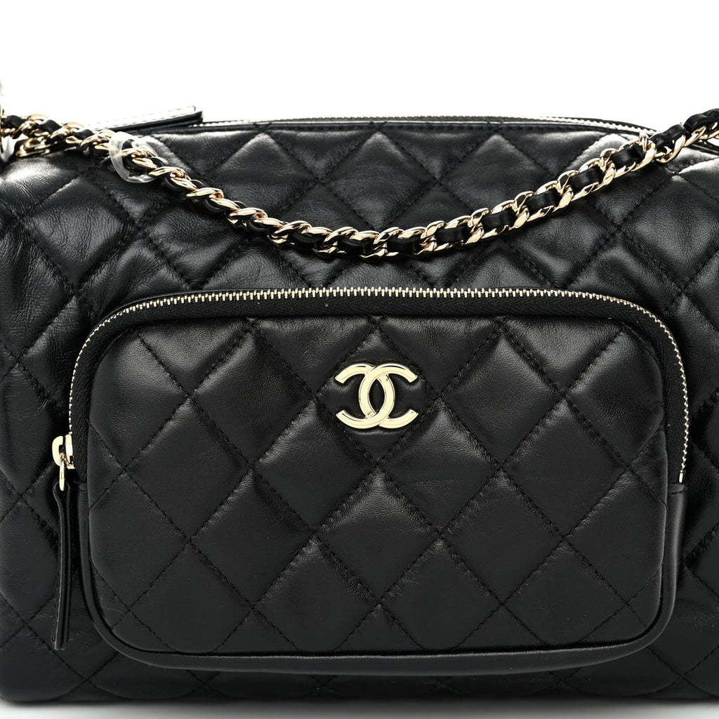 Chanel Shiny Crumpled Lambskin Quilted Medium Preppy Pocket Camera Case Black