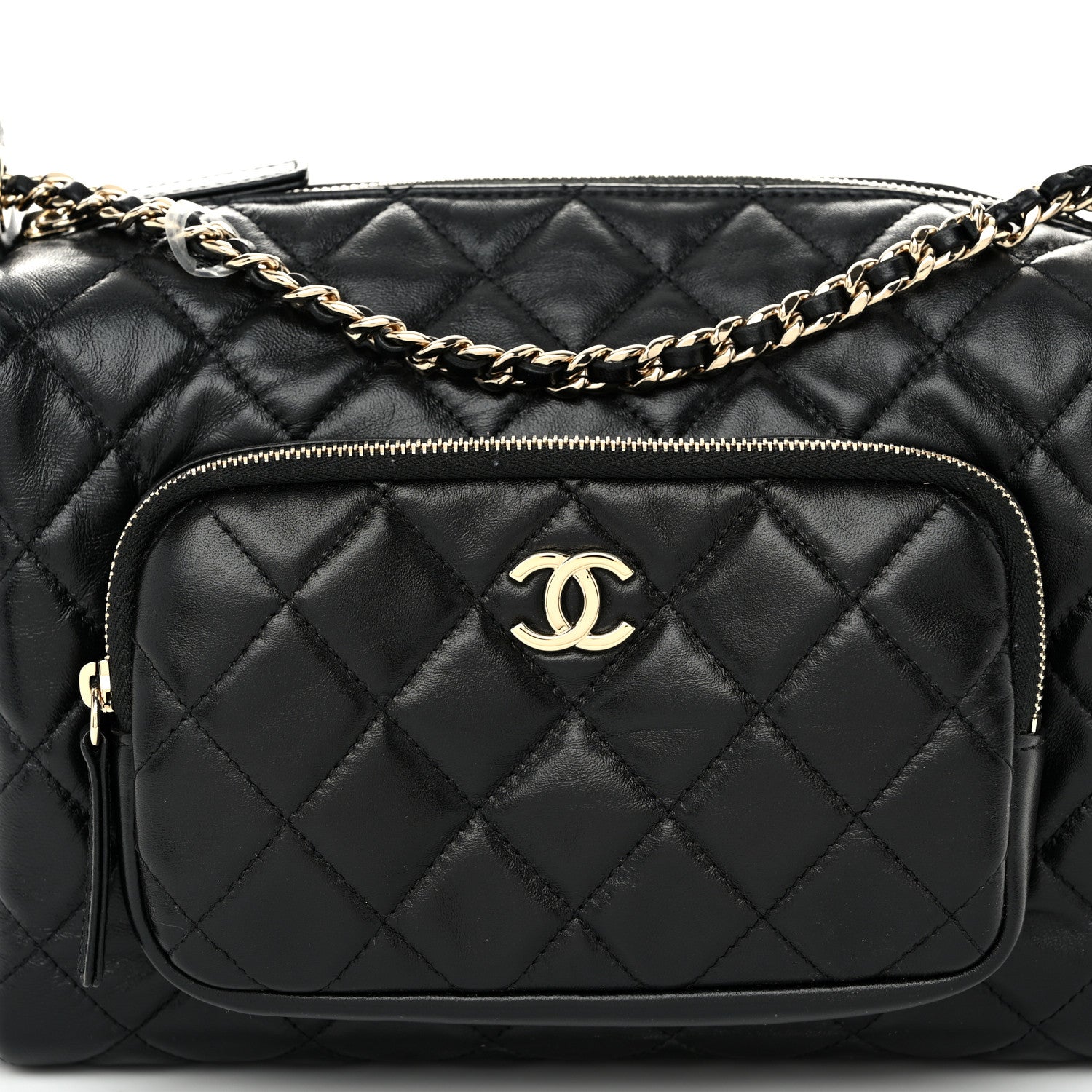 Chanel Shiny Crumpled Lambskin Quilted Medium Preppy Pocket Camera Case Black