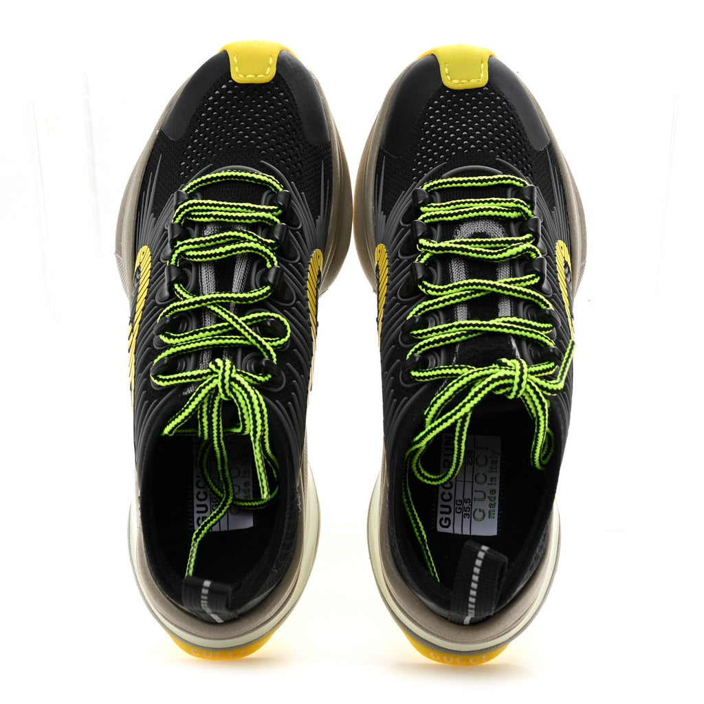 Gucci Technical Knit Fabric Waves Womens Gucci Run Sneakers 35.5 Black Silver Giallo Neon Yellow
