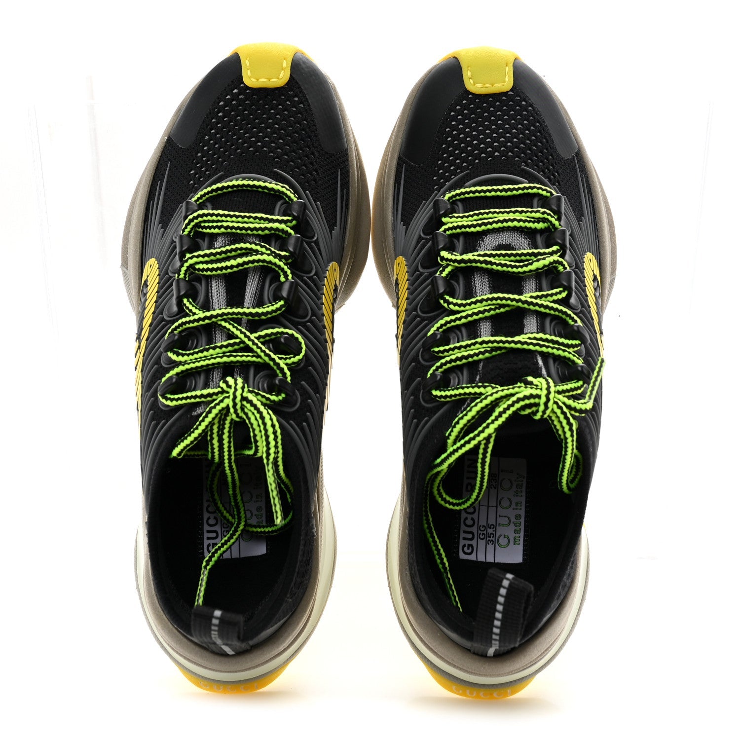 Gucci Technical Knit Fabric Waves Womens Gucci Run Sneakers 35.5 Black Silver Giallo Neon Yellow