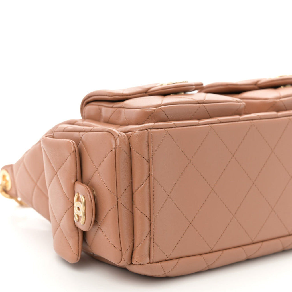Chanel Shiny Lambskin Quilted Trendy Pockets Hobo Brown