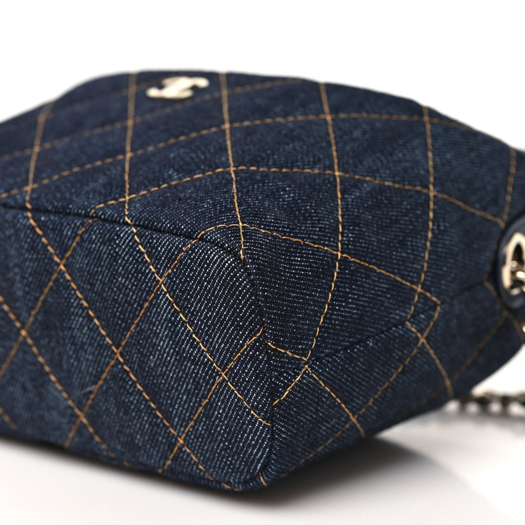 Chanel Denim Quilted Hobo Clutch With Chain Dark Blue Orange