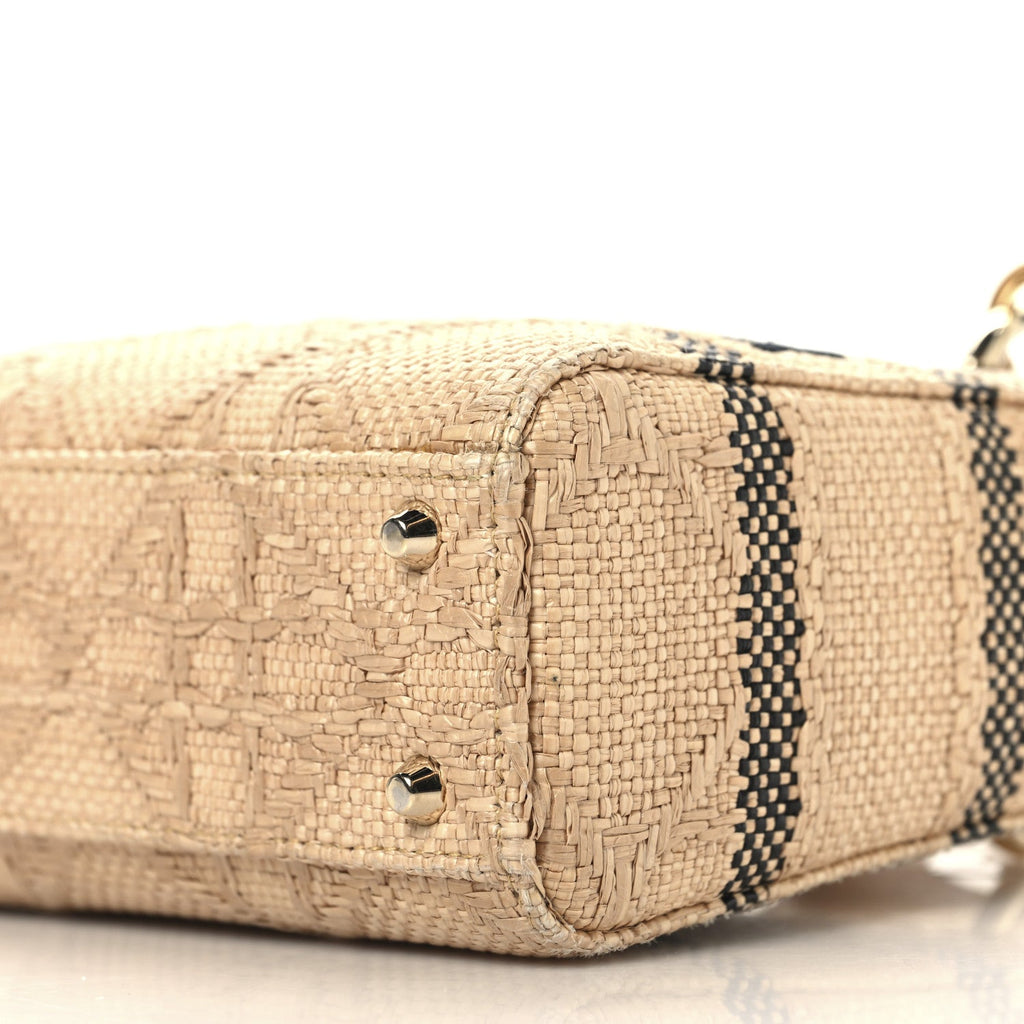 Christian Dior Raffia Woven Cannage Embroidered Mini Lady D-Lite Natural Black
