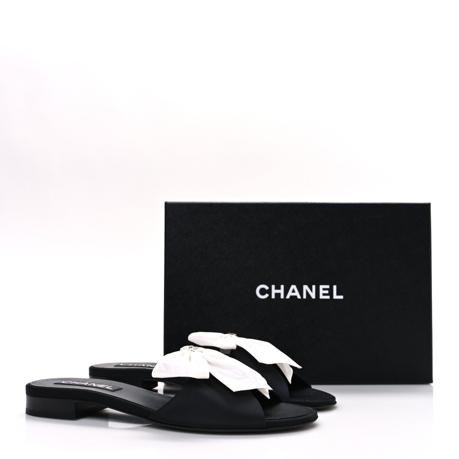 Chanel Silk Bow CC Mules 41 Black White