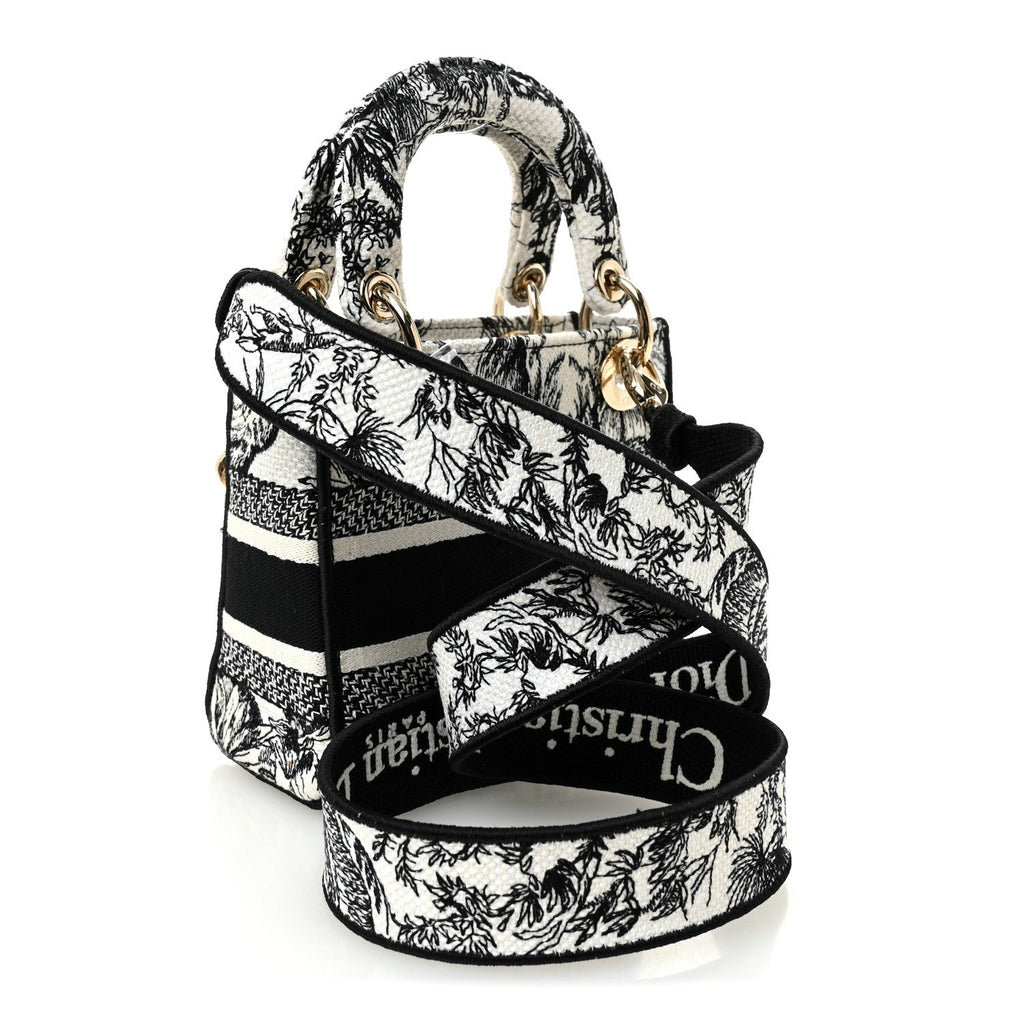 Christian Dior Canvas Embroidered Toile De Jouy Mini Lady D-Lite White Black