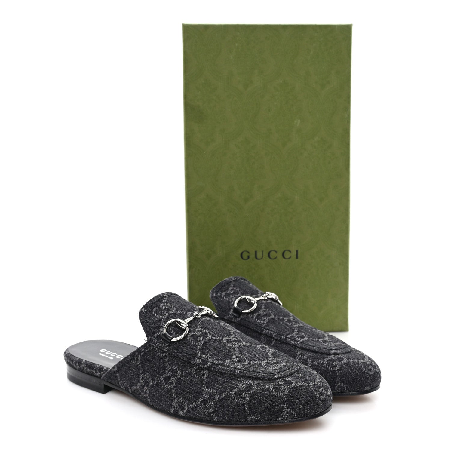 Gucci New Denim GG Malaga Kid Womens Princetown Slippers 37.5 Grey Black