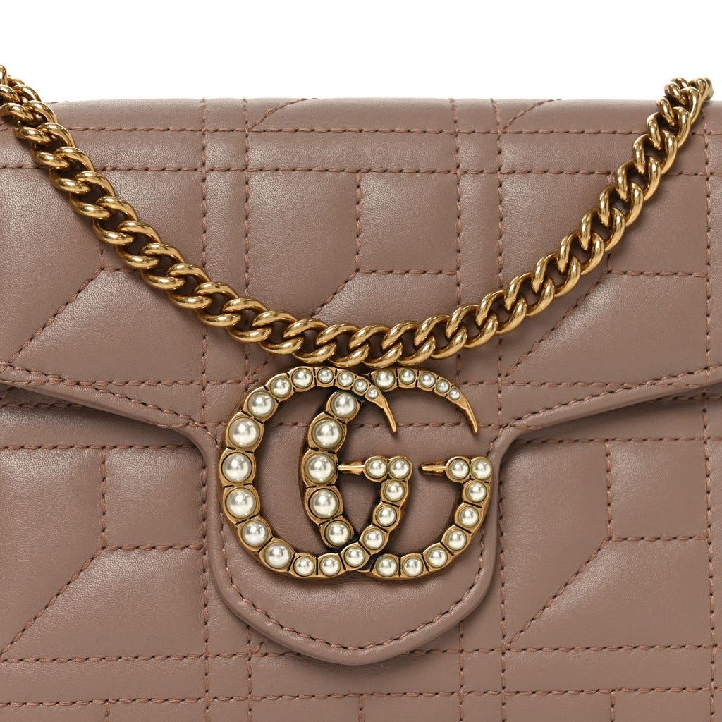 Gucci Calfskin Matelasse Mini Pearly GG Marmont Chain Wallet Porcelain Rose