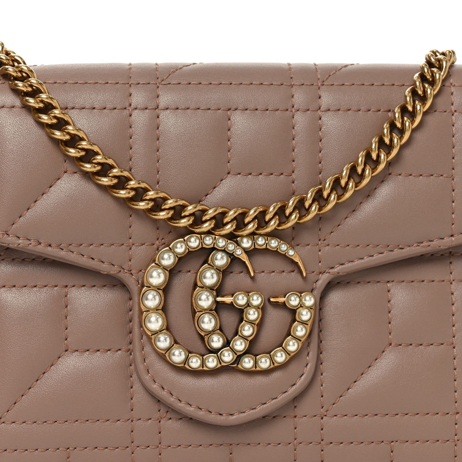 Gucci Calfskin Matelasse Mini Pearly GG Marmont Chain Wallet Porcelain Rose