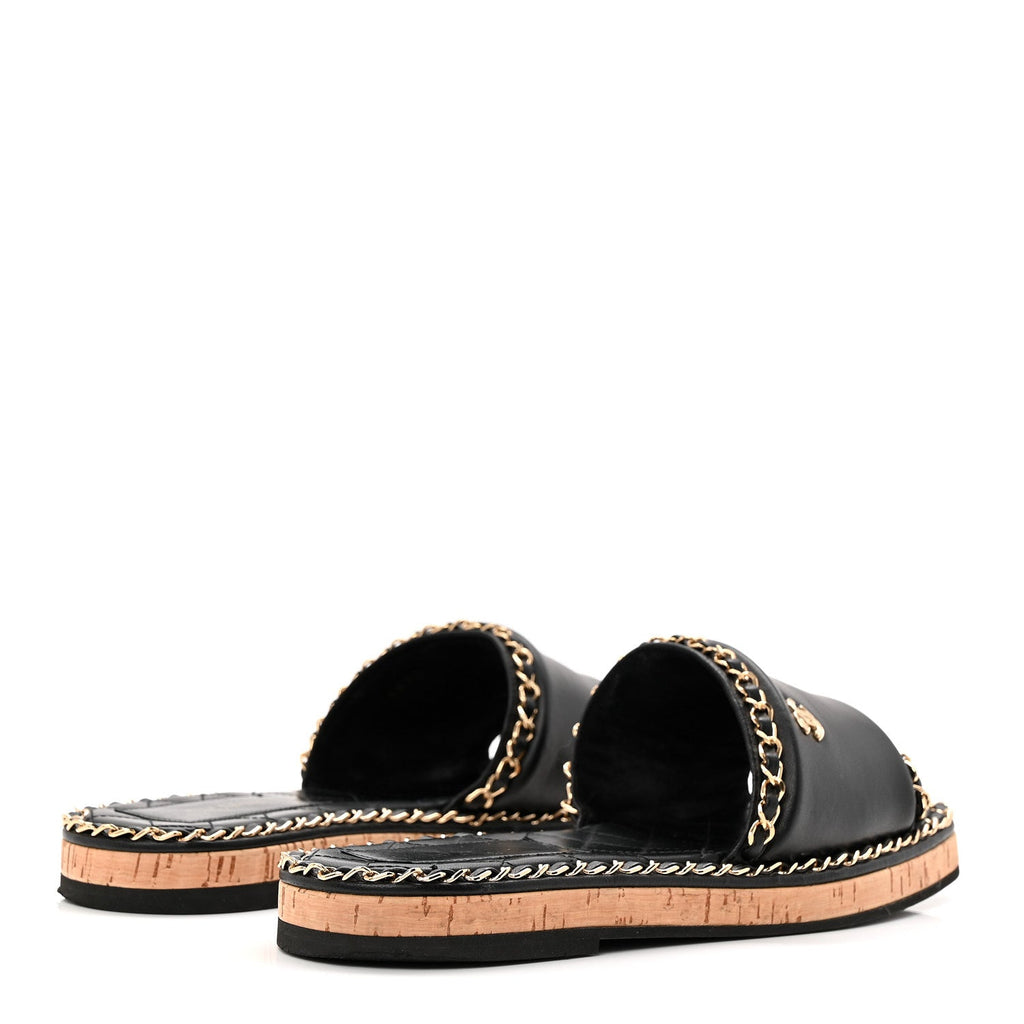 Lambskin Chain Cork Slide Sandals 38 Black