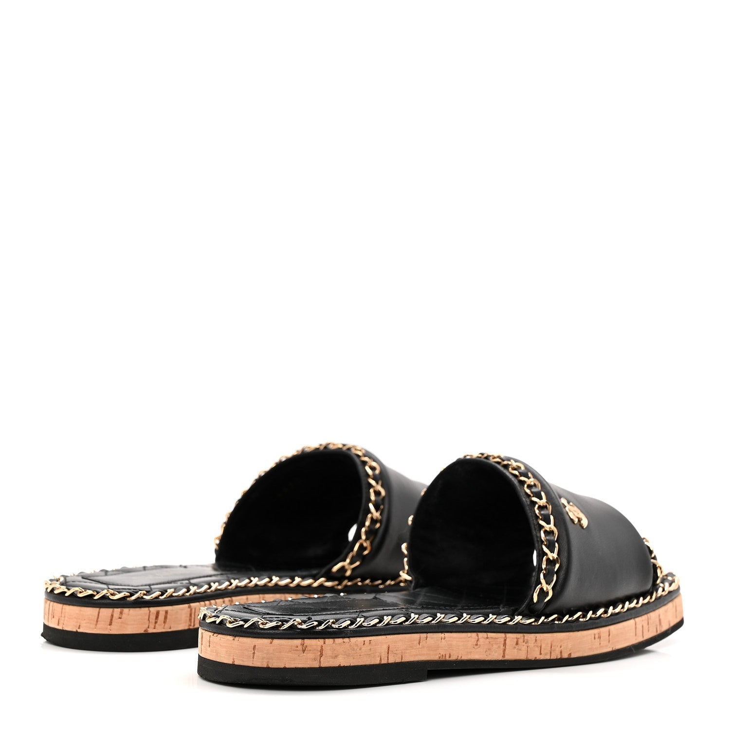 Lambskin Chain Cork Slide Sandals 38 Black