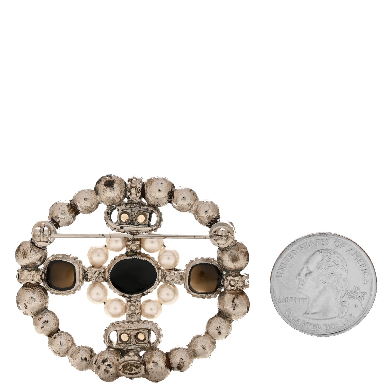 Gripoix Poured Glass Crystal Pearl Brooch Black Silver