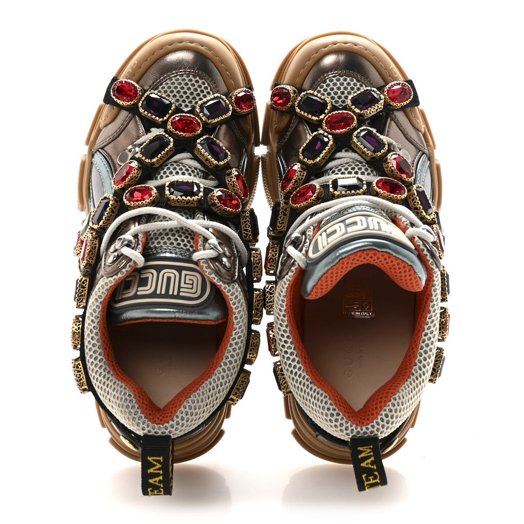 Gucci X SEGA Metallic Calfskin Mesh Removable Crystals Womens Flashtrek Sneakers 36 Rame Mystic White Lago