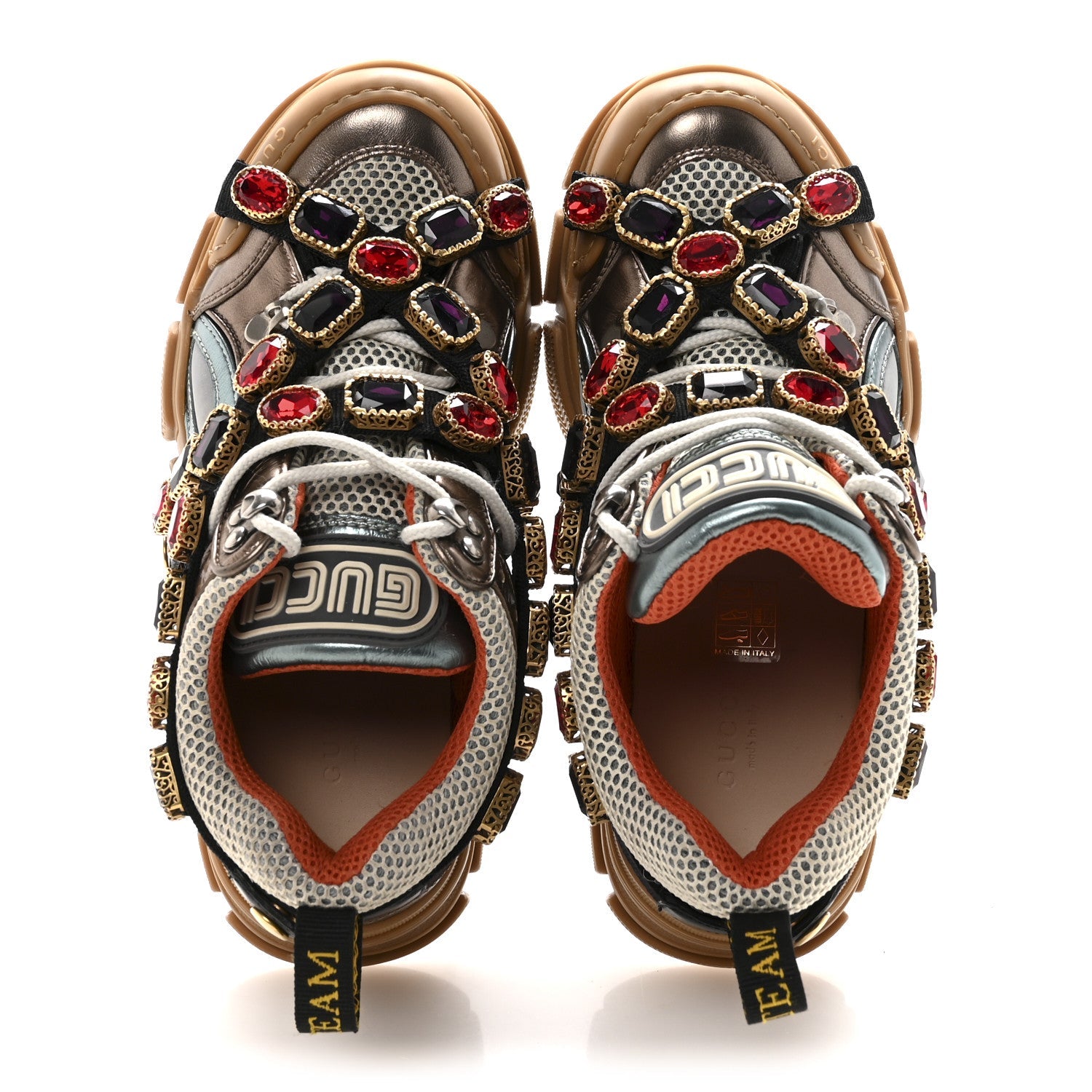 Gucci X SEGA Metallic Calfskin Mesh Removable Crystals Womens Flashtrek Sneakers 36 Rame Mystic White Lago
