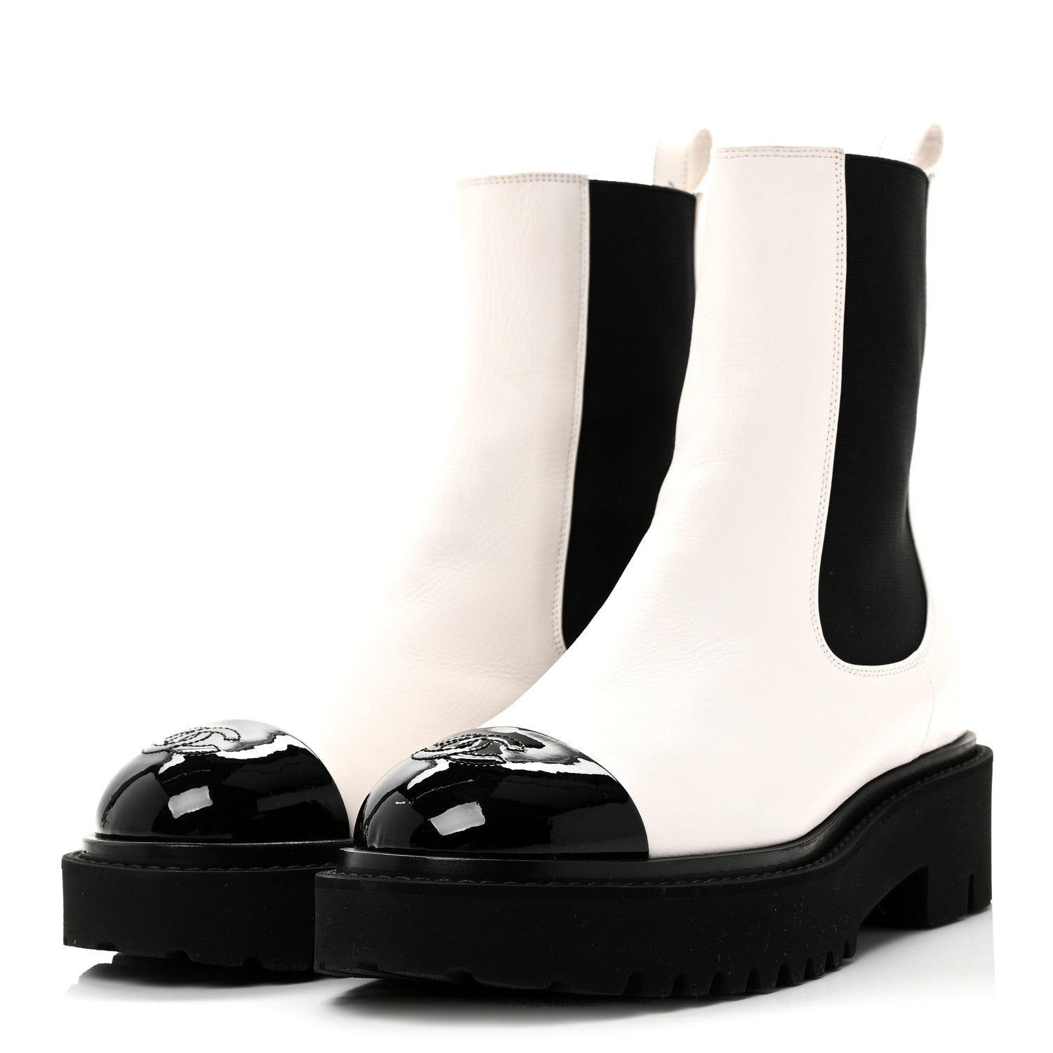 Patent Calfskin Cap Toe CC Ankle Boots 39 White Black