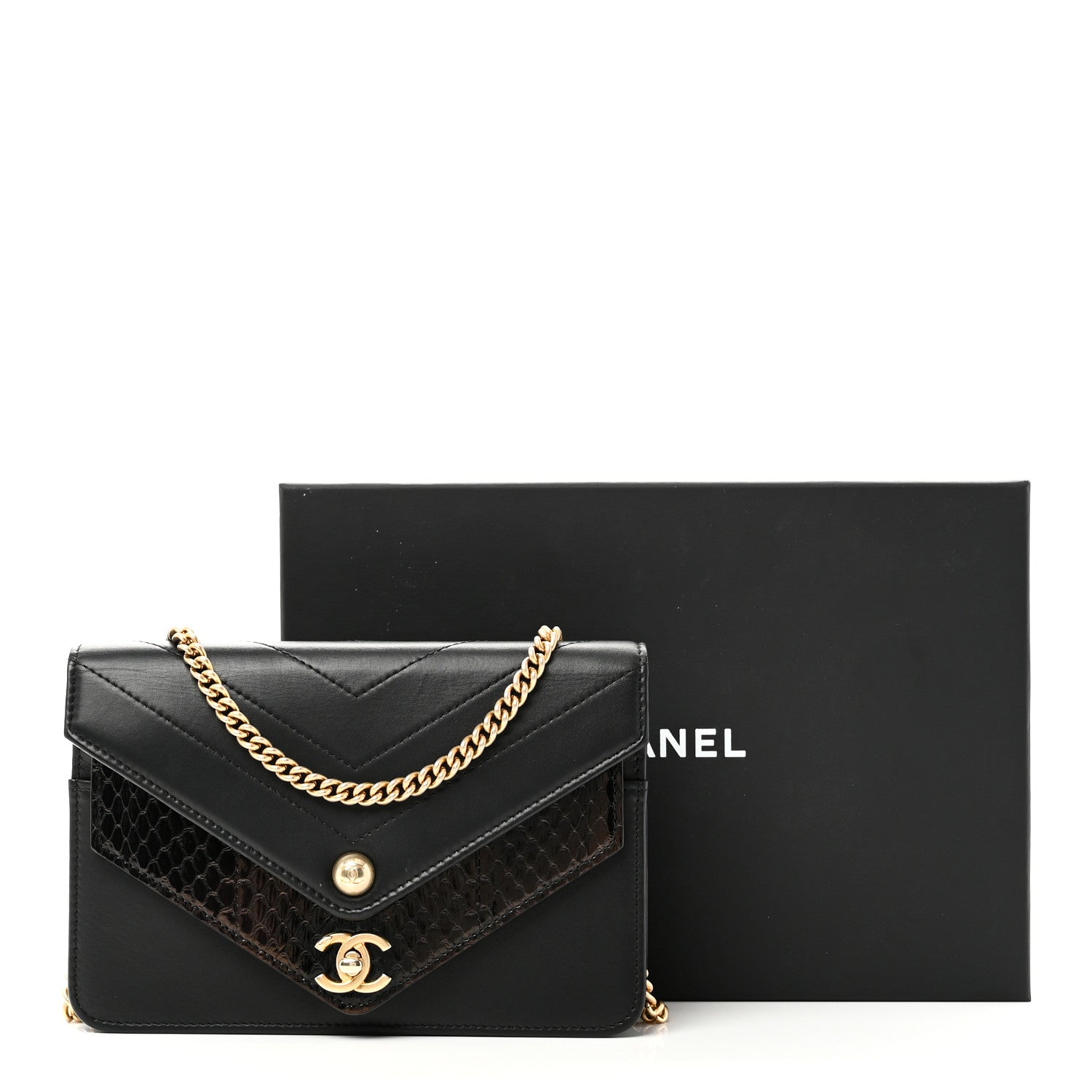 Chanel Calfskin Elaphe Double Chevron Mini Wallet On Chain WOC Black