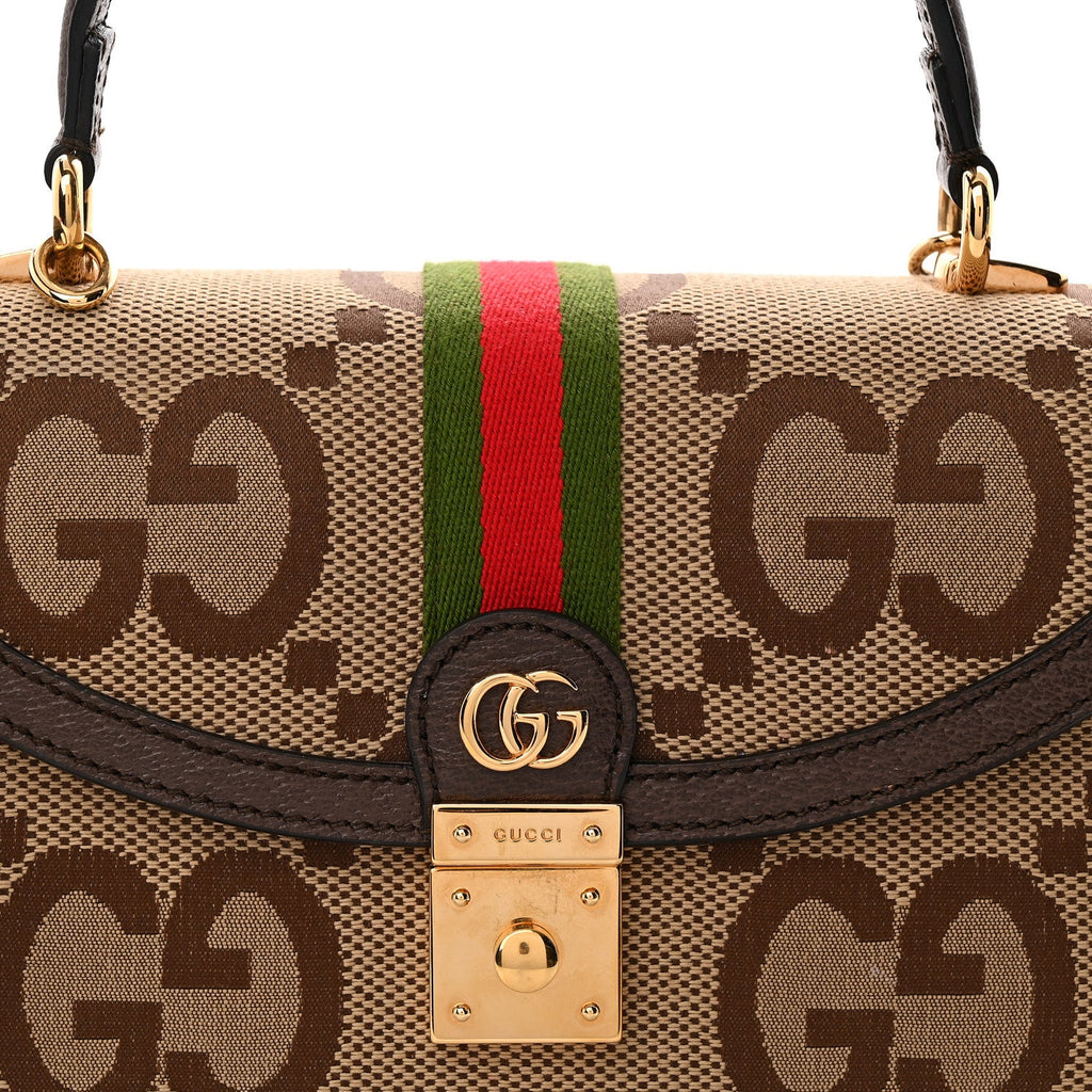 Gucci Monogram Jumbo GG Textured Dollar Calfskin Web Small Ophidia Padlock Top Handle Bag Camel Ebony New Acero