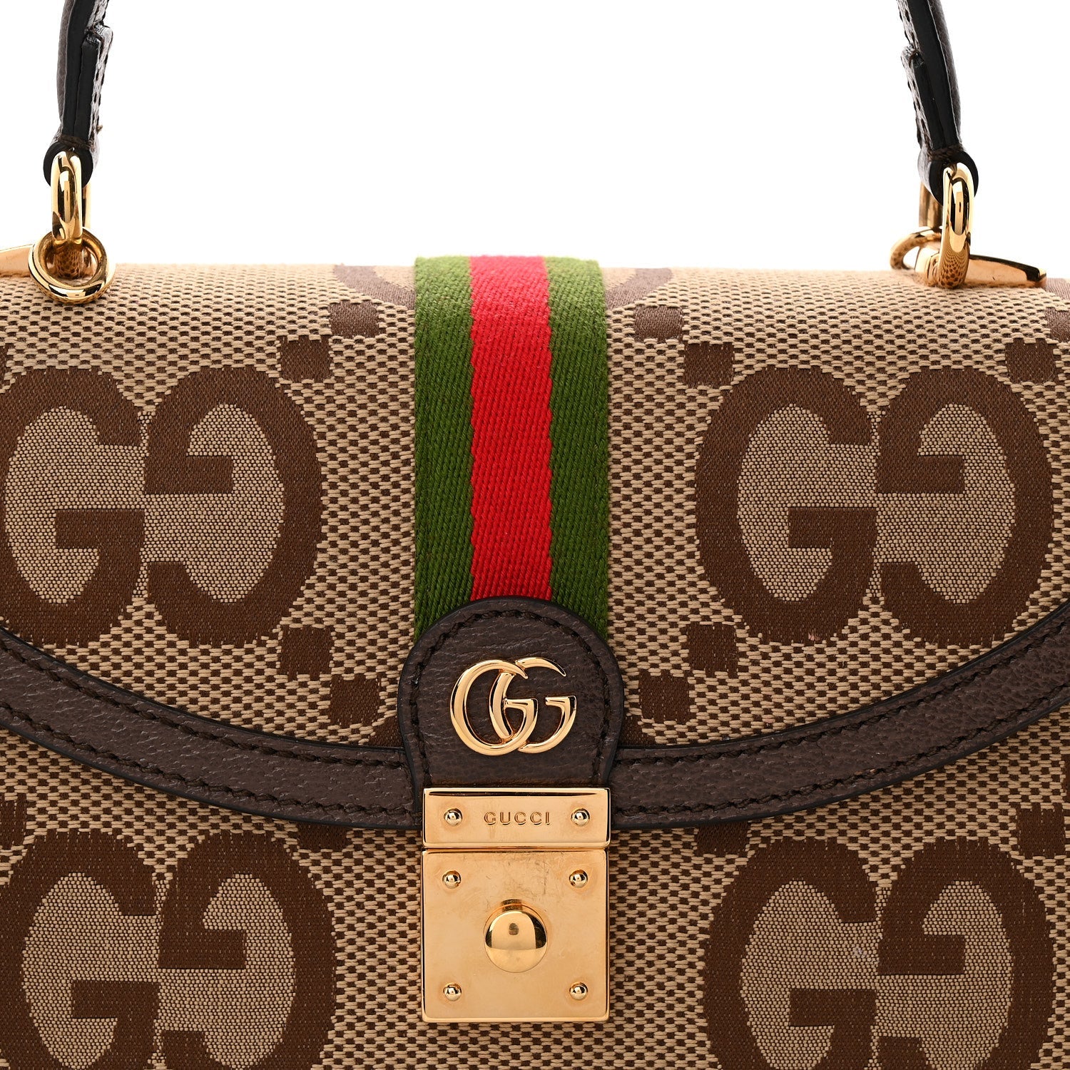 Gucci Monogram Jumbo GG Textured Dollar Calfskin Web Small Ophidia Padlock Top Handle Bag Camel Ebony New Acero