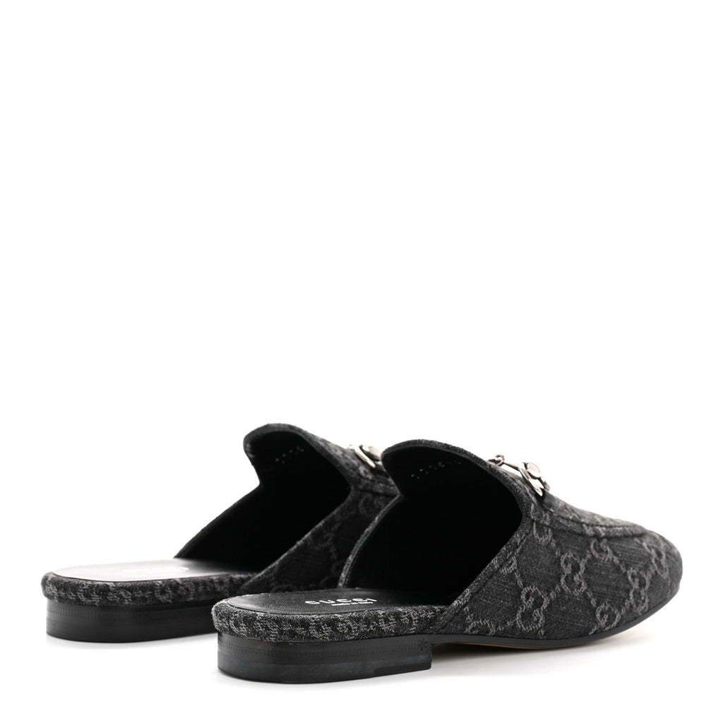 Gucci New Denim GG Malaga Kid Womens Princetown Slippers 36 Grey Black