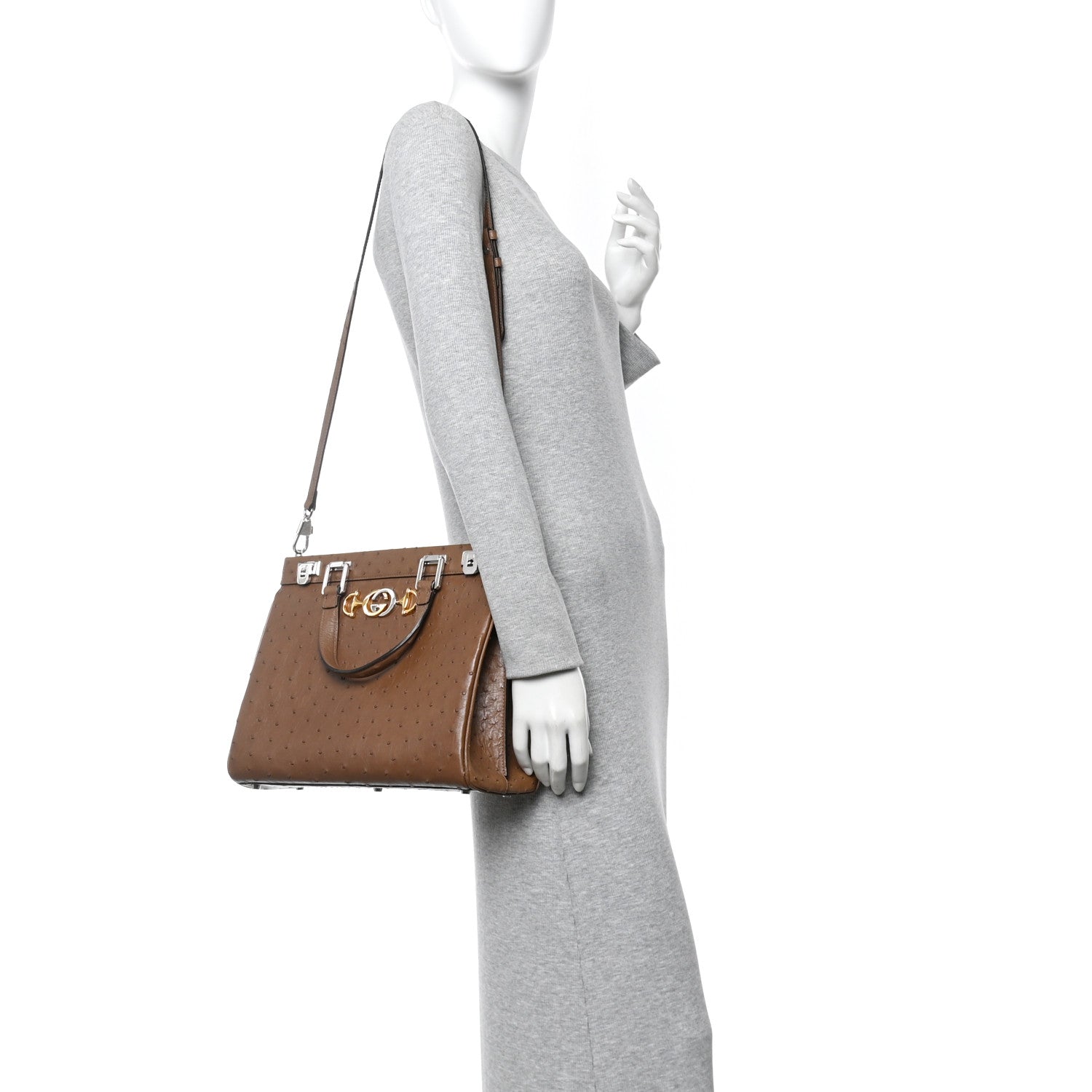 Gucci Ostrich Medium Zumi Top Handle Bag Brown