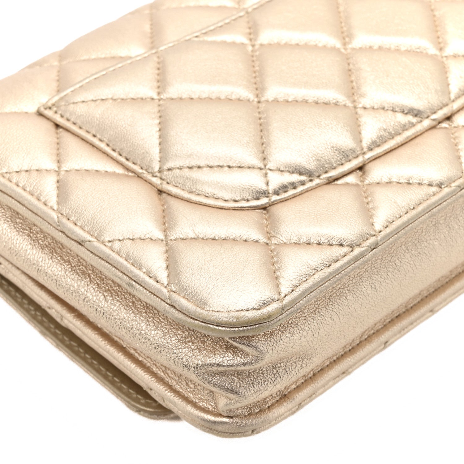 Chanel Metallic Lambskin Quilted Wallet On Chain WOC Gold Black