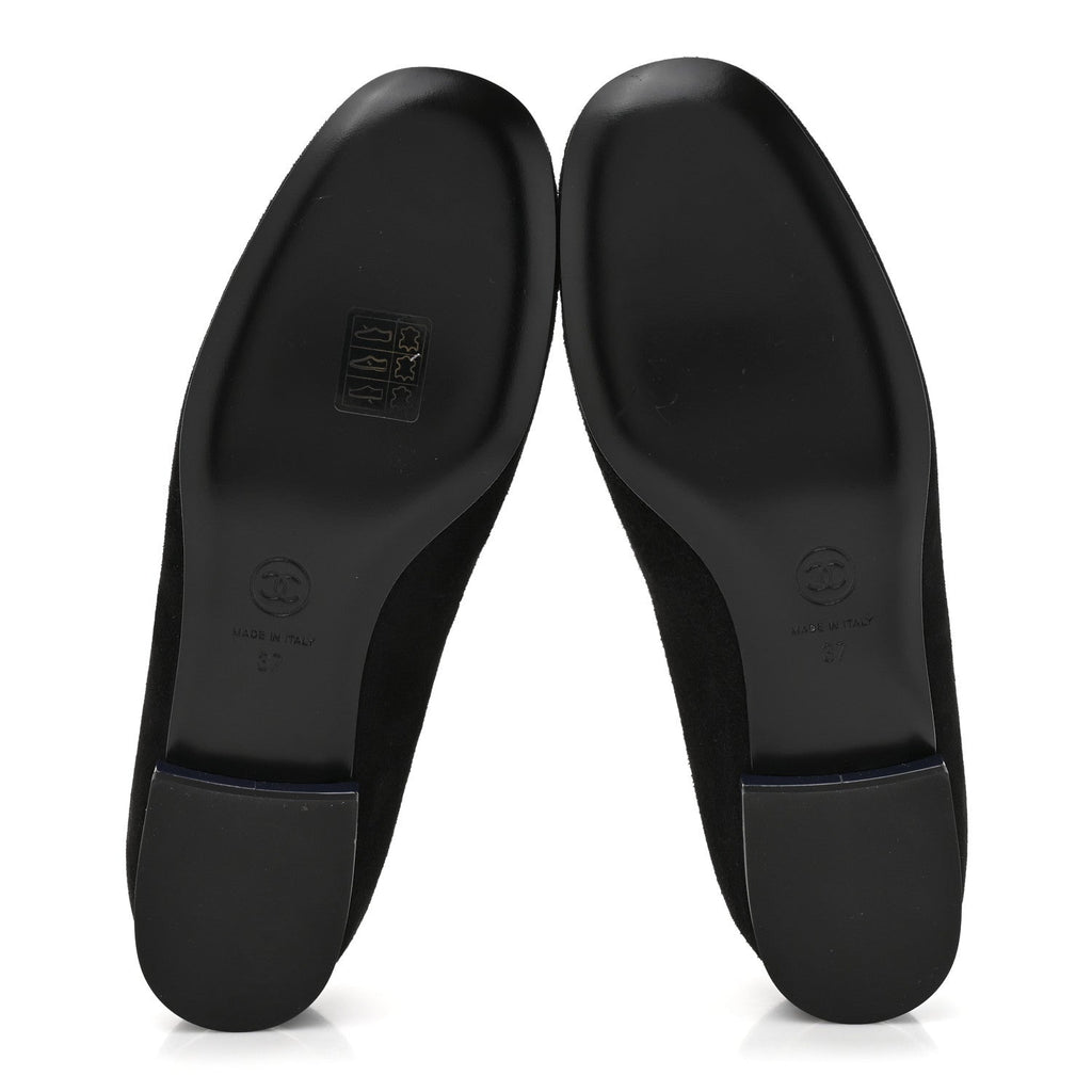 Chanel Suede Patent Camellia CC Ballerina Flat 37 Navy Black