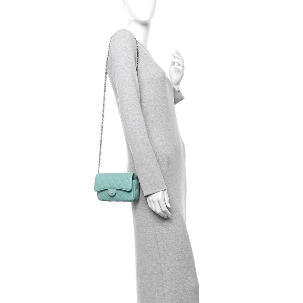 Chanel Caviar Quilted Flap Phone Holder With Chain Turquoise
