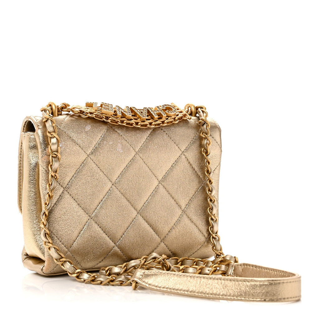 Chanel Metallic Lambskin Quilted Mini CC Crystal Logo Chain Flap Gold
