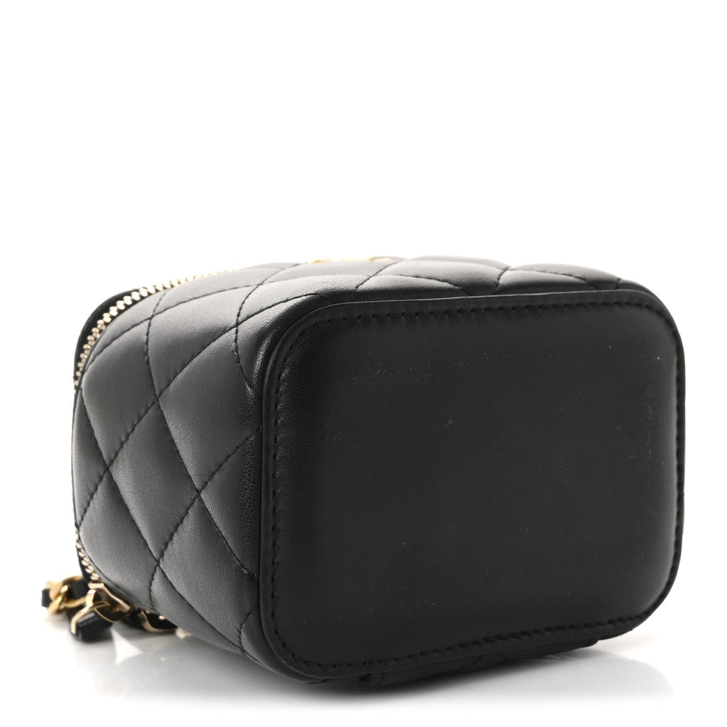 Chanel Lambskin Quilted Mini Pearl Crush Vanity Case With Chain Black