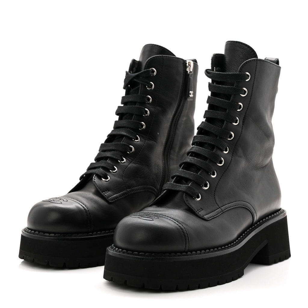 Calfskin Cap Toe Lace Up Combat Boots 39 Black