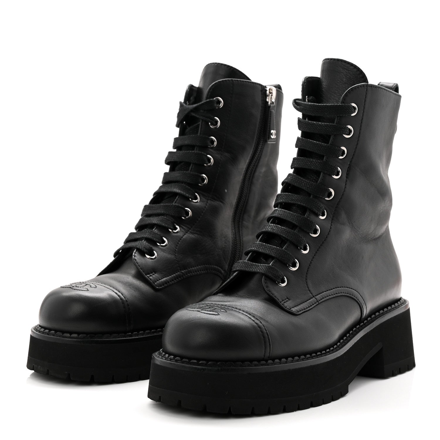 Calfskin Cap Toe Lace Up Combat Boots 39 Black
